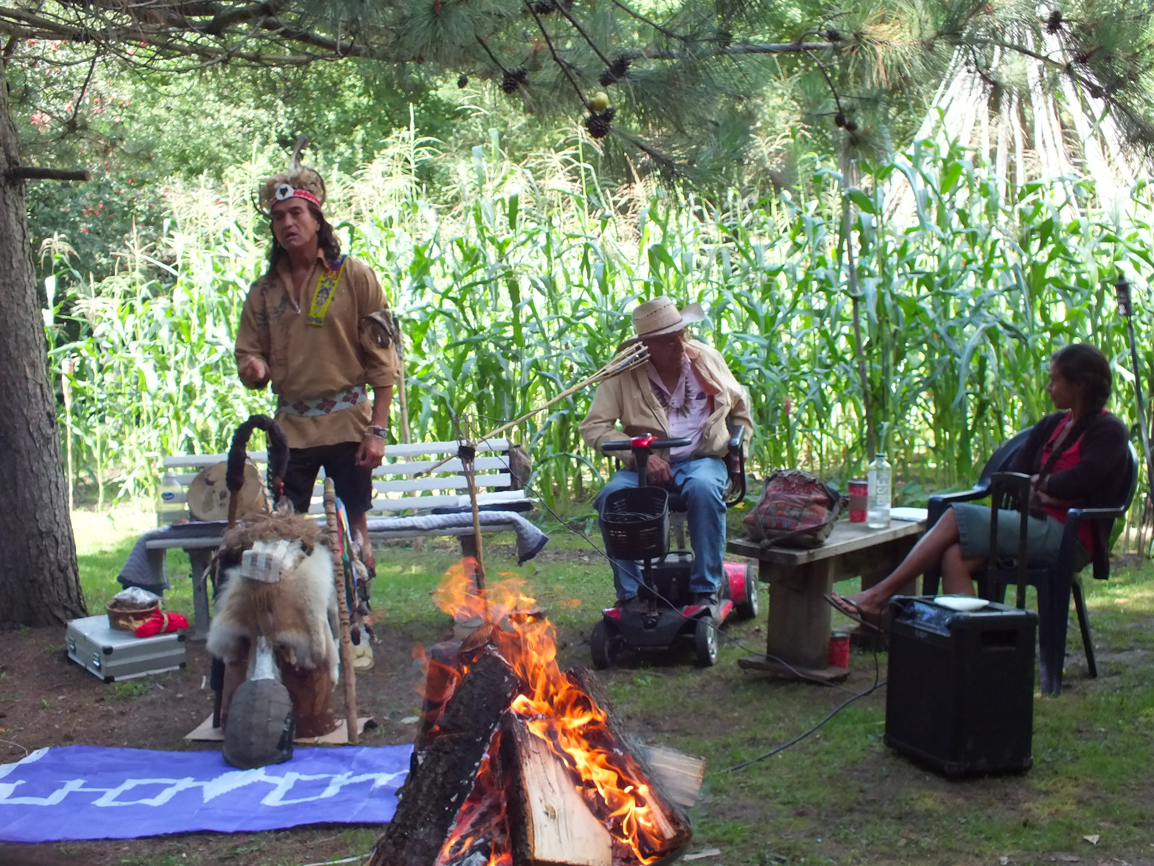 Speaker and Wolf Clan Rep Stuart Myiow [standing]; His Bear Clan Father and Edith Castelan from Zapotec Nation under protection of the Wolf Clan in Kahnawake territories.